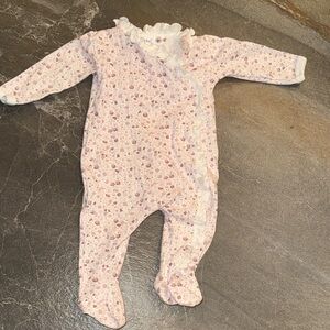 Cotton PomPom Pink And Purple Floral Footie One Piece Pajama with snaps 0-3 m